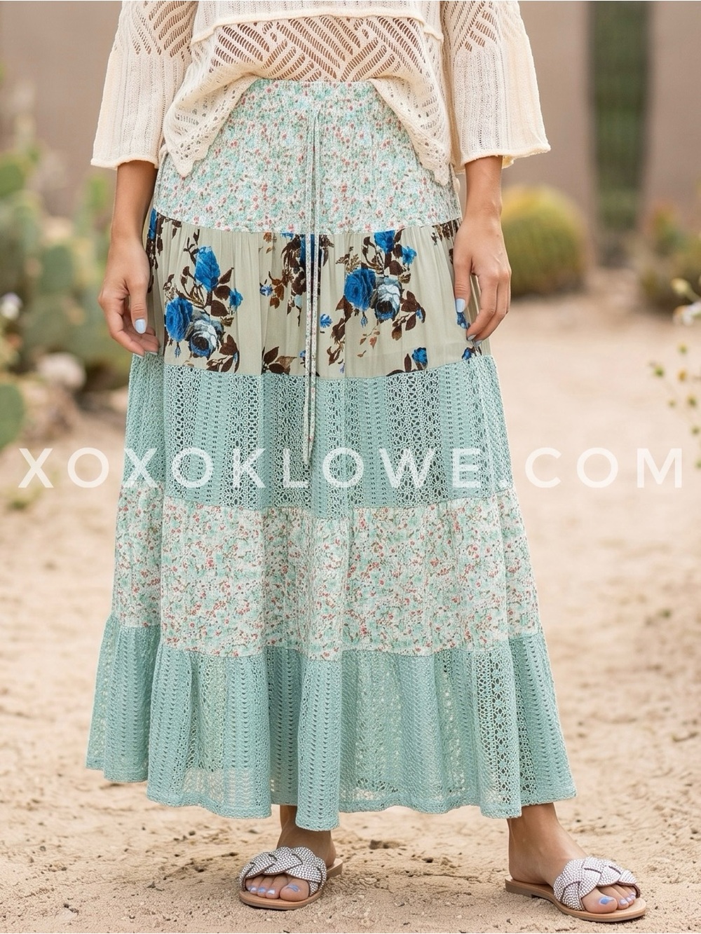 POL Sage Green Floral Patchwork Maxi Skirt | Mint Boho Tiered Lace Flowy - Picture 6 of 10